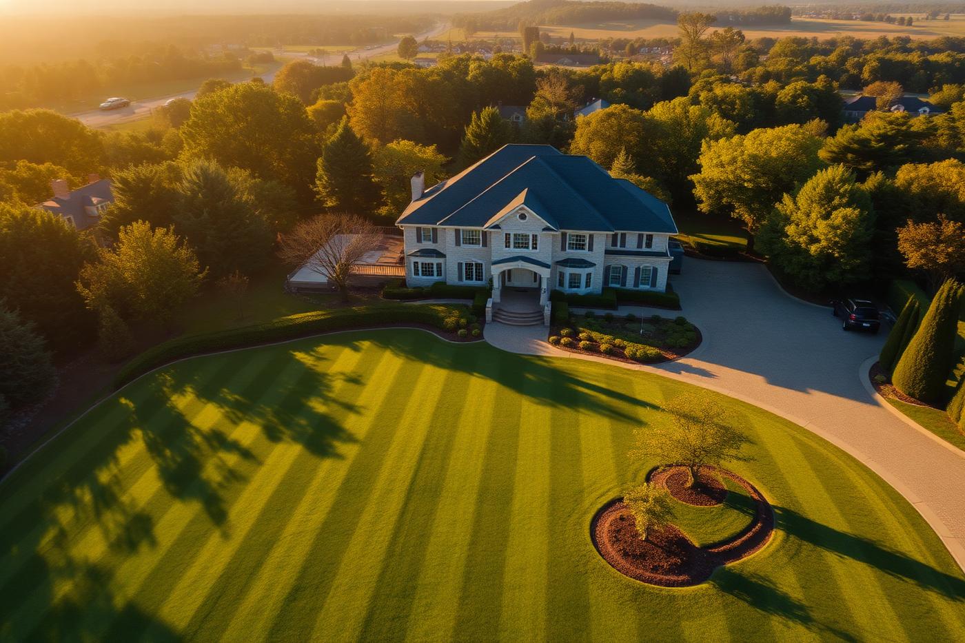 Aerial view of a completed residential landscape project